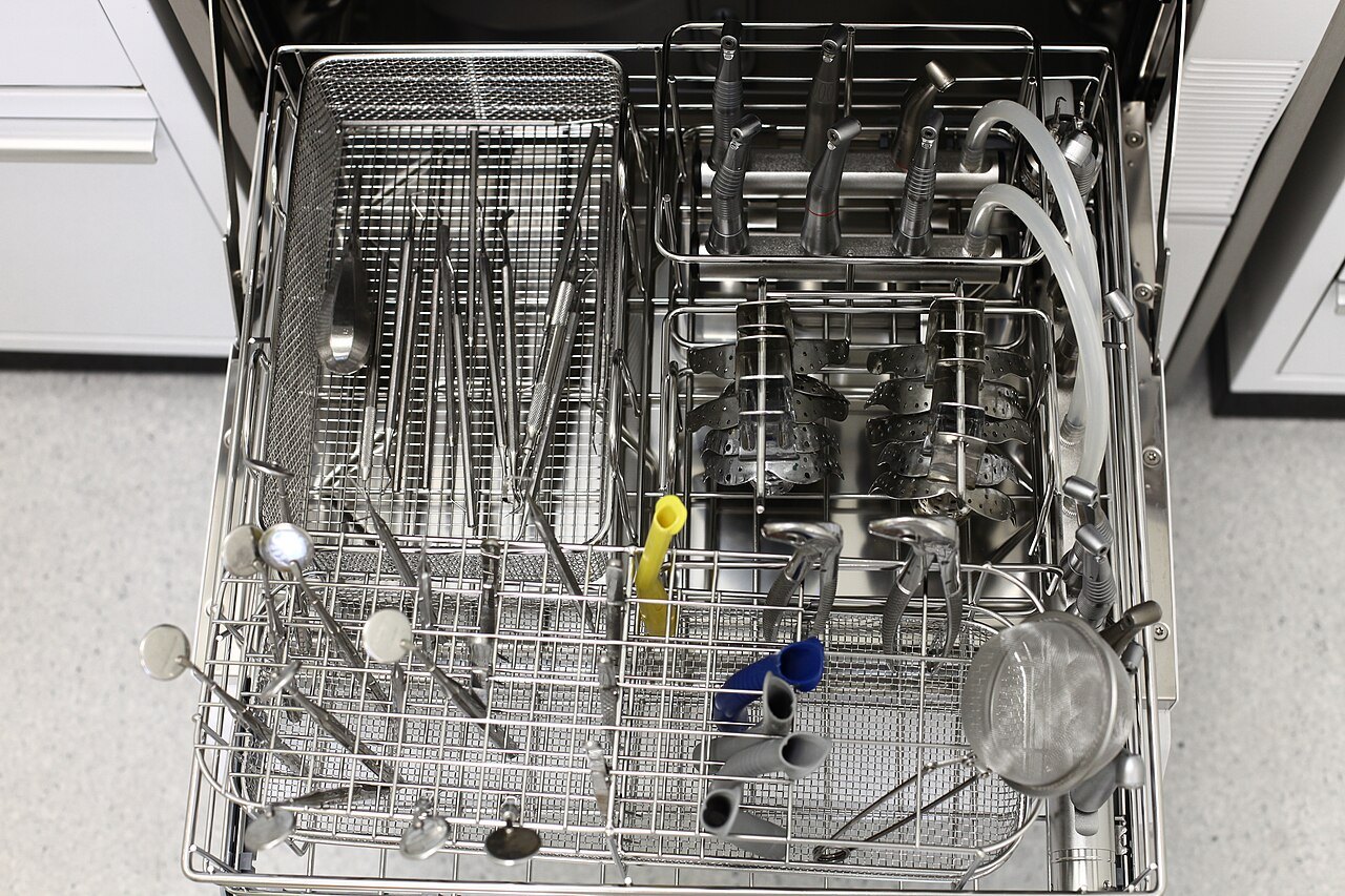 Loaded instrument rack inside a MELAG MELAtherm washer-disinfector